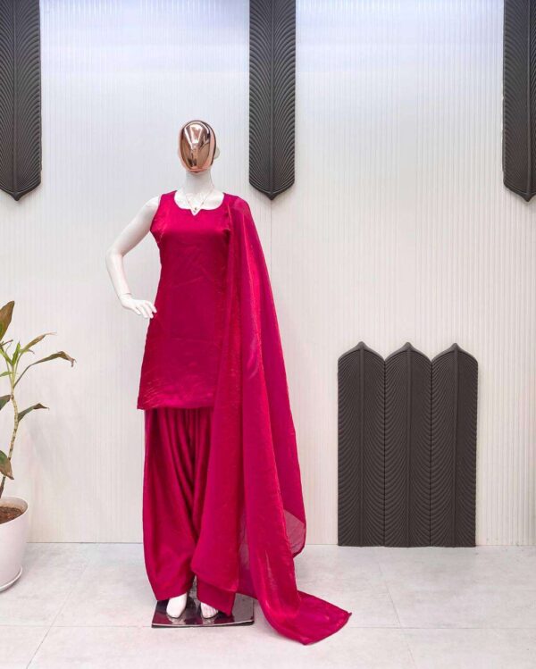 Women's Fendi Silk Solid Semi Stitched Sleeveless Kurti With Salwar and Dupatta set - Image 3