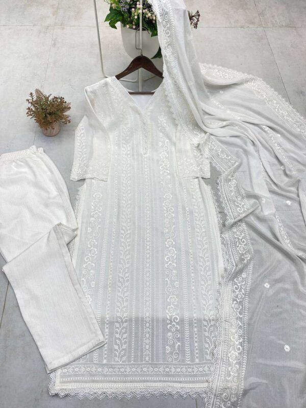 Women's Chinon Silk with Cotton Thread Embroidery Straight Kurti With Pant and Dupatta set - Image 21