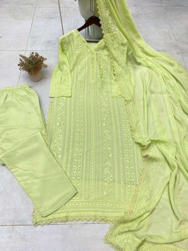 Women's Chinon Silk with Cotton Thread Embroidery Straight Kurti With Pant and Dupatta set - Image 14